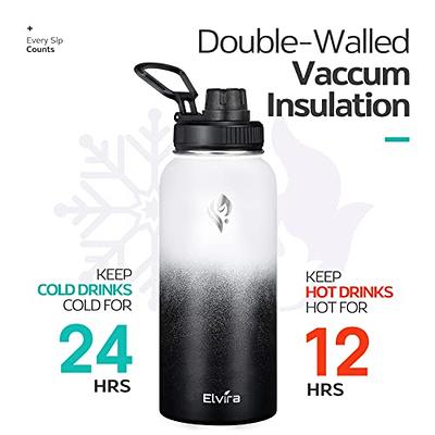 Elvira 32oz Vacuum Insulated Stainless Steel Water Bottle with Straw & Spout Lids White-Black
