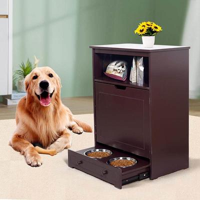  PawHut Large Elevated Dog Bowls with Storage Drawer