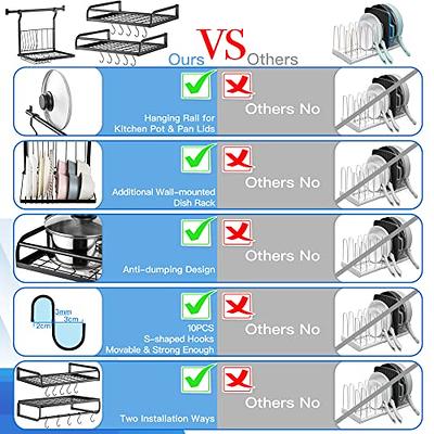 ETECHMART Hanging Pot Rack, 3 in 1 Wall Mounted Pan Holder with 10 Hooks,  Heavy Duty Iron Dish Rack Cookware Organizer, Kitchen Storage Shelf for