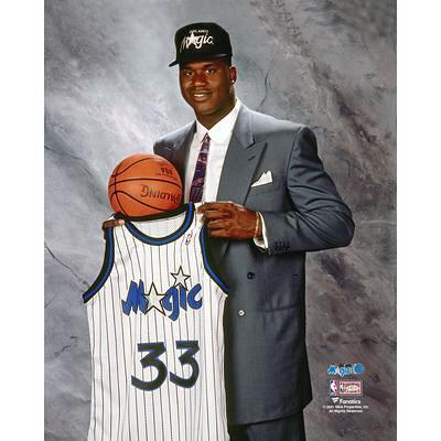 Shaquille O'Neal Miami Heat Unsigned Red Alternate Jersey Posing with Larry O'Brien Championship Trophy Photograph