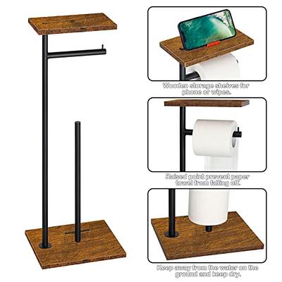 Freestanding Black Toilet Paper Holder Stand with Wood Base and Shelf