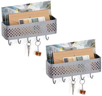 Mail Sorter Key Organizer Wall Mount, Metal Entryway Storage Organizer Basket with 5-Hooks for Coat, Keys (Set of 2)