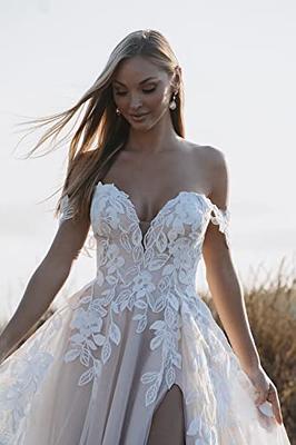 Boho Strapless Wedding Dresses A Line Lace Appliques Sweep Train White  Ivory New