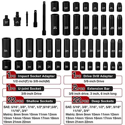 Aloanes 49 PC 3/8-inch Drive Impact Socket Set, 6 Point, SAE (5/16-3/4) &  Metric (8mm-22mm), Deep&Standard, Extension Bars, Drill Adaptor, Universal  Joint, 1/2 F to 3/8 M Reducer - Yahoo Shopping