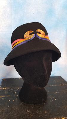 Vintage 50S 60S Black Wool Felt Ladies' Hat, Cloche Bucket, Pink, Yellow &  Blue Ribbon Spirals/ Evelynwaron Model/ Size 61/2