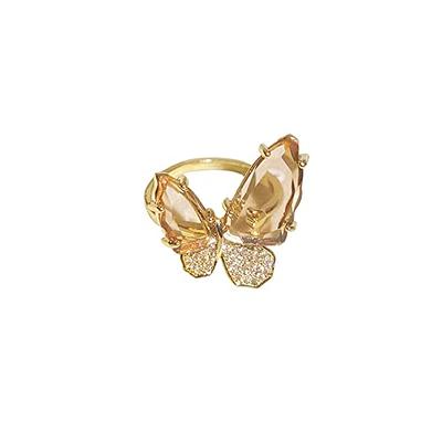 Pink Crystal Butterfly Ring for Women Girls 14K Gold Plated Cubic