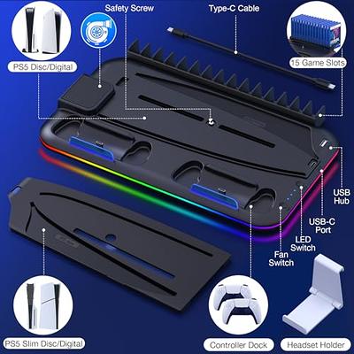 PS5 Slim Cooling Station with Dual Controller Charging, RGB PS5 Slim Stand  Vertical for Playstation 5 Console Digital Disc Edition, PS5 Accessories