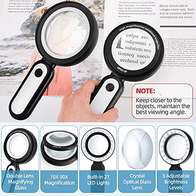 Magnifying Glass with Light, 30X Handheld Large 18LED Cold and Warm Light  with 3 Modes, Illuminated Magnifier for Seniors Reading, Inspection, Coins,  Jewelry, Exploring 