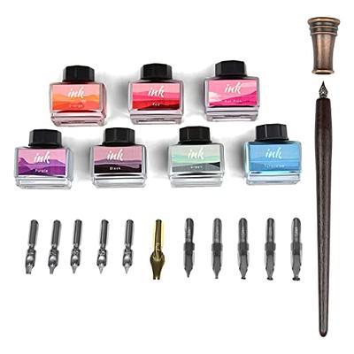 ESSSHOP Calligraphy Glass Dip Pens and Ink Set, 17 Pcs Glittering Rainbow Crystal Pen, Retro Carving Glass Pen, 2 Replacement Nibs, 12 Inks for