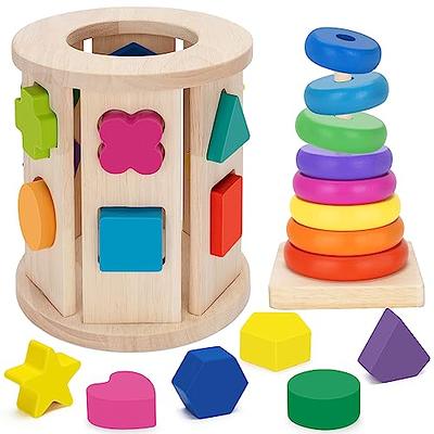 Wooden Shape Sorter Toy ,with Colorful Geometric Shape Blocks, Sorting Box Developmental Learning Matching for Baby Children Age 3+, Size