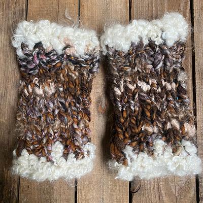 Handspun Fingerless Mitts, Art Yarn Gloves With Kid Mohair Cuffs