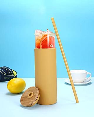 Tronco 20oz Glass Tumbler Glass Water Bottle Straw Silicone Protective Sleeve Bamboo Lid - BPA Free (Amber)