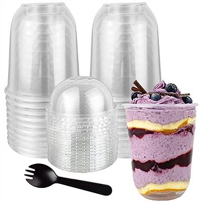 Qeirudu 50 Pack 8 oz Square Plastic Dessert Cups with Lids and Sporks,  Disposable Cake Cups Yogurt Parfait Containers for Fruit, Pudding, Mousse,  Ice