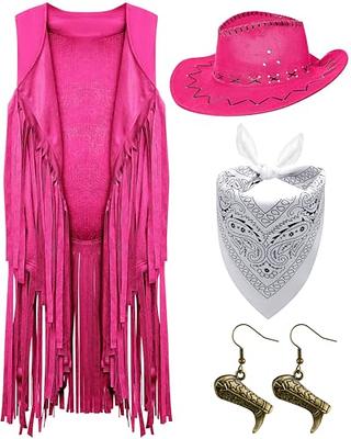 4 Pieces Cowgirl Outfits Set, Tassels Fringe Sleeveless Vest Cowboy Hat  Boots Dangle Drop Earrings Cowboy Bandana