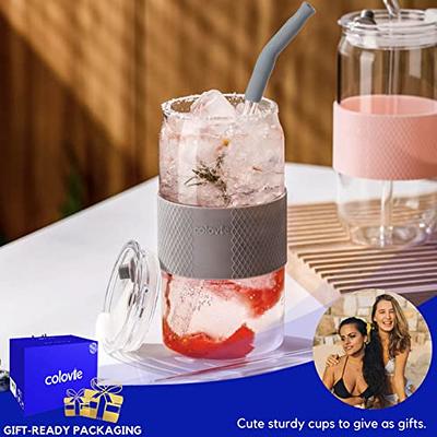 ColoVie Glass Tumbler with 3 IN 1 Lids and Glass Straws(Extra Silicone  Tips), Silicone Protective