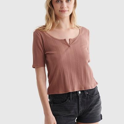 Lucky Brand Short Sleeve Slim Notch Neck Tee - Women's Clothing Tops Shirts  Tee Graphic T Shirts in Cognac, Size M - Yahoo Shopping