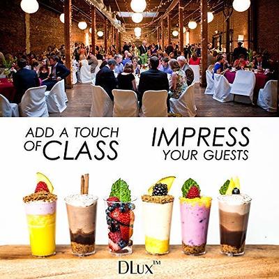 Dlux 100 x 2oz Square Mini Dessert Cups with Spoons and Lids, Clear Plastic Parfait Appetizer Cup - Small Reusable Serving Bowl for Tasting Party