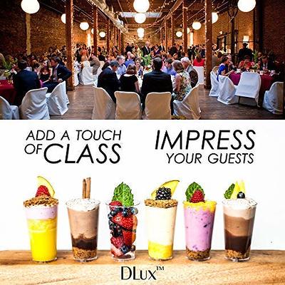 Dlux 100 x 3 oz Mini Dessert Cups with Spoons and Lids, Square Tall - Clear Plastic Parfait Appetizer Cup - Small Reusable Serving Bowl for Party