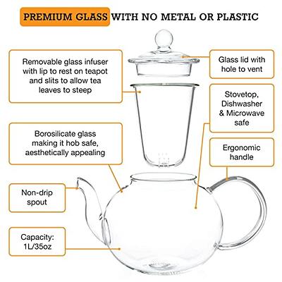 Glass Teapot Stove top 34 OZ, Borosilicate Clear Tea Kettle with Removable  18/8 Stainless Steel Infuser, Teapot Blooming and Loose Leaf Tea Maker Tea