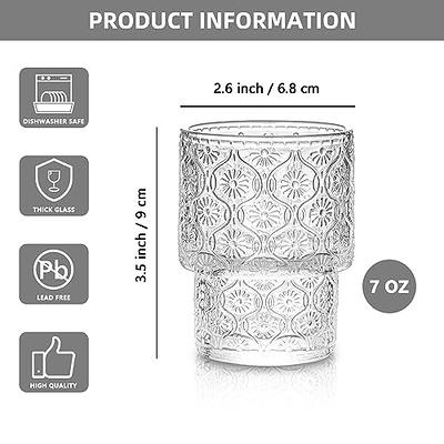 Glass Cups Vintage Glassware, Set of 4 Small, Embossed Stackable Pattern  Style Transparent Cocktail Glasses Set, Ice Coffee Cup Juice Drinkware,  Clear, 190Ml (…