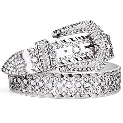 White Diamond Embossed Studded Belt 32 / White / Leather