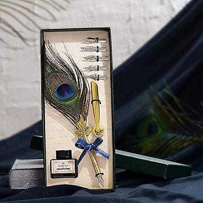 Retro Peacock Feather Pen Set Antique Calligraphy Writing Quill Ink Dip Pen with Holder,The Best Gift for Friends (28cm), Size: 28 cm, Green