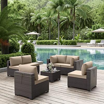 Patio PE Wicker Furniture Set 4 Pieces Outdoor Brown Rattan Sectional  Conversation Sofa Chair with Storage Box Table and Khaki Cushions