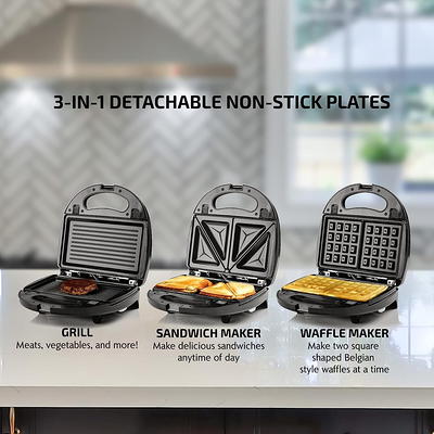 3 in 1 Electric Sandwich Maker, Panini Press Grill and Waffle Iron Set with  Removable Non-Stick Plates, Perfect for Cooking Grilled Cheese, Tuna Melts,  Burgers, Steaks and Snacks, Black 