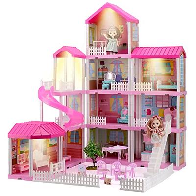 Doll House for 3 Year Old Girls,4-Story 13 Rooms Doll House,Fully Furnished  Dollhouses w/Lights,Play Mat and Upgraded Doll,Play House