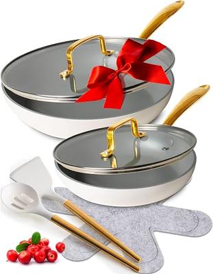 White and Gold Nonstick Frying Pan Set with Lids