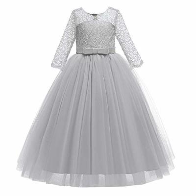 Grey Lace A-Line Flower Girl Dresses 3/4 Sleeves Long Toddler