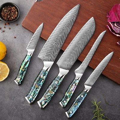 16-piece Natural Acacia Wood Knife Block Set Damascus Pattern Chef Knife Set,  Steak Knives, Kitchen Shears Blue Resin Handles 