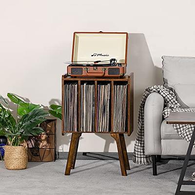 LELELINKY Record Player Stand,Vinyl Record Storage Table with 4 Cabinet Up  to 100 Albums,Mid-Century Turntable Stand with Wood Legs,Brown Vinyl Holder