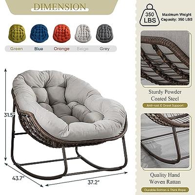 Btmway Indoor and Outdoor PE Wicker Outdoor Rocking Chair with Navy Blue Cushion, Rocker Recliner Chair for Porch, Patio Garden