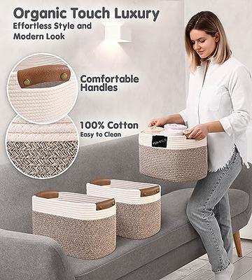 Storage Baskets for Shelves, Cotton Rope Woven Basket With Handles for  Organizing, 3-Pack 15x11x9.5 Decorative Towel Baskets for Shelves  Organizer