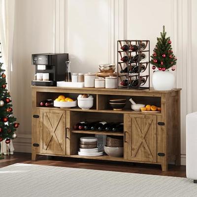 PHI VILLA Farmhouse Coffee Bar Cabinet - Sliding Barn Door Kitchen  Sideboard Buffet Storage Cabinet 