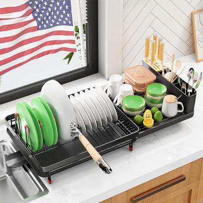 SNTD Dish Drying Rack - Expandable Dish Rack for Kitchen Counter, Large Dish Drainer with Drainboard and Cutlery Holder, Blac