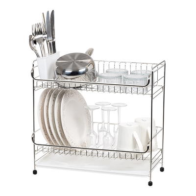 IRIS 2 Tier Stainless Steel Dish Drying Rack with Plastic Drain Black