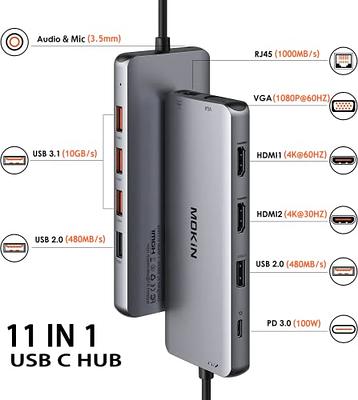 USB C Docking Station Dual HDMI 11 in 1 USB C Hub Multiport Adapter Dual  Monitor Dock Laptop Docking Station with 2 HDMI+VGA RJ45 Ethernet USB  3.1/2.0