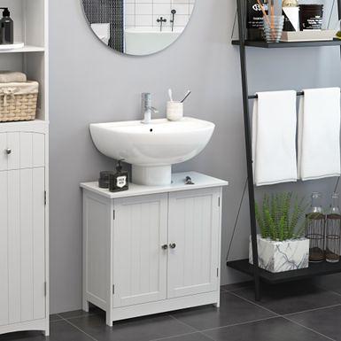 kleankin Pedestal Sink Storage Cabinet, Bathroom Under Sink Cabinet with 2 Doors and Open Shelf, Bathroom Vanity, Gray