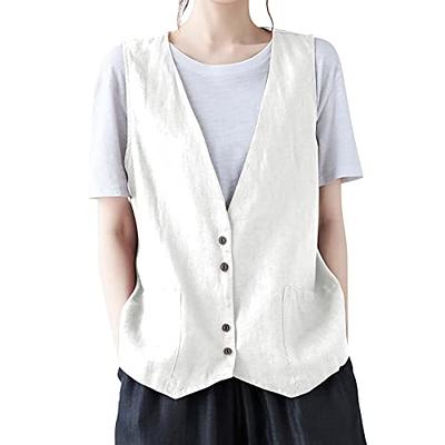 Cotton Linen Vests for Women 2023 Fashion Sleeveless Button Down Blazer  Jacket Summer Casual Loose Vest Outerwear