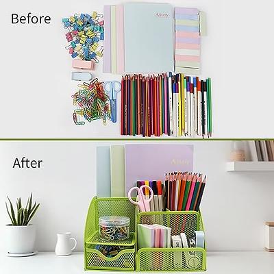 Desk Organizers and Accessories, Office Supplies Desk Organizer Caddy with 7 Compartments + Pen Holder / 72 Clips Set, Mesh Desk Organizer with Drawer