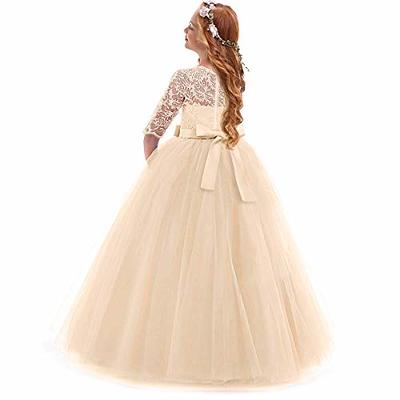 Amazon.com: Girls Pageant Dress Size 4-5 Flower Formal Bridesmaid Wedding  Dresses 5T A-Line Lace Tutu Tulle Girl Dresses Sleeveless Knee Length  Easter Church Dress for Kids 6 Years Cute Backless (Champagne 120):