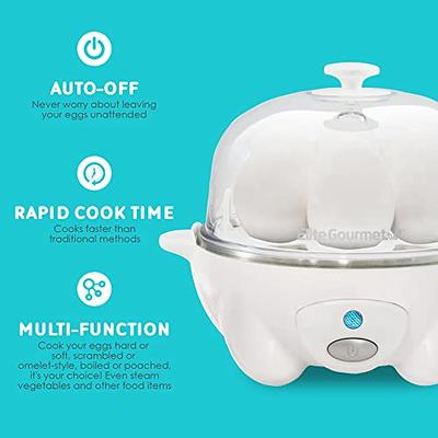 Elite Gourmet EGC-007 Rapid Egg Cooker, 7 Easy-To-Peel, Hard, Medium, Soft  Boiled Eggs, Poacher, Omelet Maker, Auto Shut-Off, Alarm, 16-Recipe  Booklet, White - Yahoo Shopping