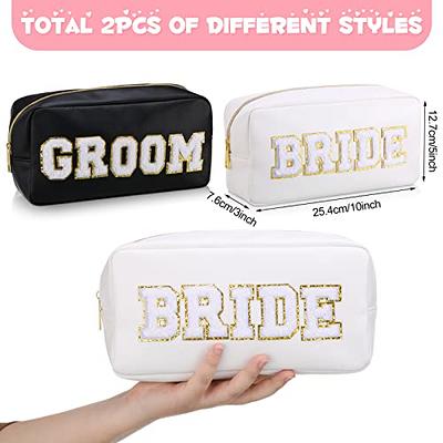 2 Pcs Bride and Groom Letter Patch Cosmetic Travel Toiletry Bag Women PU  Leather White Makeup