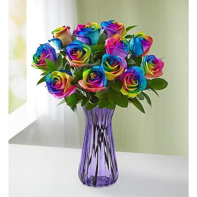 1-800-Flowers Flower Delivery Rainbow Roses 12 Stems W/ Purple Vase