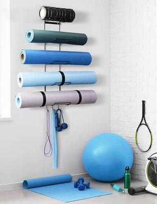 5-Tiers Yoga Mat Holder Wall Mount, Metal Storage Rack for Yoga Mat/Wheels,  Foam Roller and Block etcs, Wall Rack Organizer with 3-Hooks for Hanging