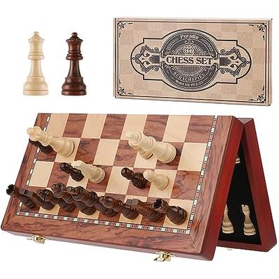 OUMODA Luxury Magnetic Wooden Chess Game Set - 15 Walnut Chess Board with  Stylish Chess Pieces - 2 Extra Queens, Strap-Style Elastic Rope Storage