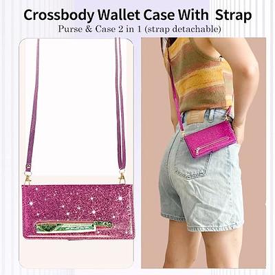 Compatible with Samsung Galaxy S23 Ultra Wallet Case, 2 in 1 Magnetic  Wallet Case with Card Holder, Zipper, PU Leather Flip Cover Case with  Detachable Long Shoulder Strap,Card Slots,Pink 