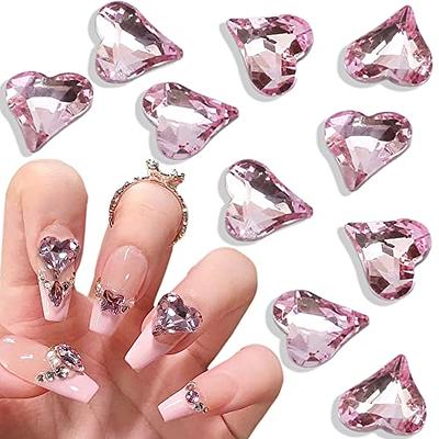 3D Pink Heart Nail Charms for Acrylic Nails, 10pcs Crystal Heart Nail  Rhinestones Nail Gems Nail